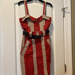 Marc by Mac Jacobs Stylish Red and Khaki Striped Belted Mini Dress size 4